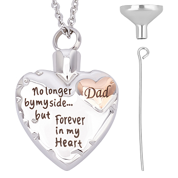 Dad Forever in My Heart Urn Pendant Necklace, Heart Ashes Urn Necklace, with Mini Funnel, Stainless Steel Color, 21.85 inch(55.5cm)