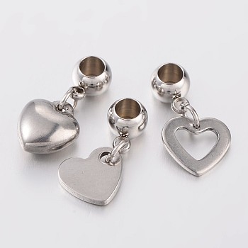 Mixed Shape 304 Stainless Steel European Large Hole Dangle Charms, Stainless Steel Color, 21~22mm, Hole: 4mm