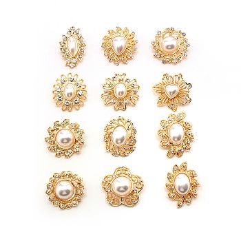 12Pcs 12 Style Crystal Alloy Rhinestone Brooches Set, Flower & Oval & Teardrop with Imitation Pearl Beads Lapel Pins for Wedding Party, Golden, 32~40.5x28~35x12~16mm, 1pc/style