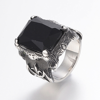 304 Stainless Steel Finger Rings, with Cubic Zirconia, Rectangle, Black, 18mm