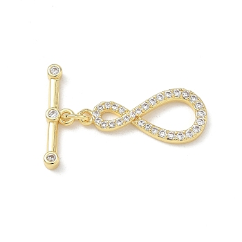 Brass Micro Pave Clear Cubic Zirconia Toggle Clasps, Infinity, Cadmium Free & Lead Free, Long-Lasting Plated, Real 18K Gold Plated, Bar: 5.5x20x2.5mm, Hole: 1.5mm, Ring: 23x10.5x2.5mm
