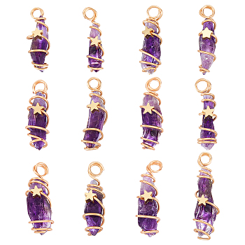 12Pcs Natural Gemstone Copper Wire Wrapped Pendants, Nuggets Charm, Golden, 24~44x8~15x5~15.5mm, Hole: 2.5~4mm