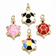 Brass Enamel Pendants, with Jump Rings, Real 16K Gold Plated, Nickel Free, Tortoise, Mixed Color, 23x15x4mm, Jump Ring: 5x0.8mm, 3mm inner diameter(KK-Q252-018-NF)