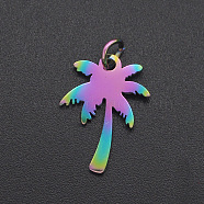 Ion Plating(IP) 201 Stainless Steel Pendants, with Jump Ring, Coconut Tree, Laser Cut, Rainbow Color, 18x13x1mm, Hole: 3mm(STAS-R111-JA560)