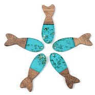 Transparent Resin & Walnut Wood Pendants, with Gold Foil, Fish, Dark Turquoise, 37.5x12x3mm, Hole: 2mm(RESI-S389-054A-B03)