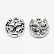 Tibetan Style Alloy Pendants, Horseshoes with Clover, Cadmium Free & Lead Free, Antique Silver, 17.5x15x2.5mm, Hole: 2mm, about 640pcs/1000g(TIBE-S301-018AS-RS)