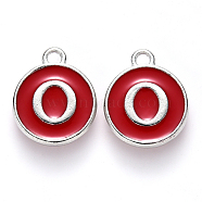 Platinum Plated Alloy Enamel Charms, Cadmium Free & Lead Free, Enamelled Sequins, Flat Round with Letter, Red, Letter.O, 14x12x2mm, Hole: 1.5mm(ENAM-S118-03O-P)