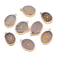 Natural Agate Pendants, with Light Gold Plated Brass Edge & Iorn Loops, Gold Powder, Dyed & Heated, Oval with Sun Charm, Rosy Brown, 23~24x15~16.5x4~6.5mm, Hole: 1.6mm(G-N326-156E)