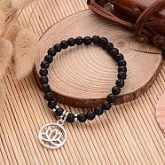 Natural Lava Rock Beaded Stretch Charm Bracelets, with Tibetan Style Antique Silver Alloy Charms, 58mm(BJEW-JB02095-03)