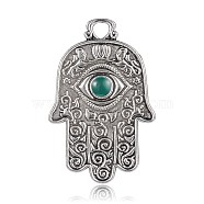 Antique Silver Plated Alloy Enamel Hamsa Hand/Hand of Fatima/Hand of Miriam with Eye Pendants, Teal, 47x31x3mm, Hole: 4.5mm(ENAM-E290-02AS)