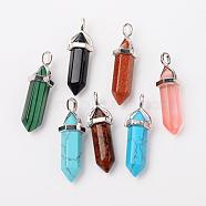 Synthetic Mixed Gemstone Pointed Pendants, with Platinum Tone Random Alloy Pendant Hexagon Bead Cap Bails, Bullet, 36~40x12mm, Hole: 3x4mm, Gemstone: 8mm in diameter(G-F295-03)