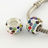Polymer Clay Rhinestone European Large Hole Beads with Silver Color Plated Brass Cores, Rondelle, Colorful, 11~12x7~7.5mm, Hole: 5mm(FPDL-R002-18)