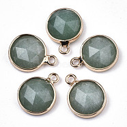 Natural Green Aventurine Charms, with Light Gold Plated Brass Edge and Loop, Half Round/Dome, Faceted, 14x11x5mm, Hole: 1.5mm(G-N326-49E)