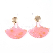 Cellulose Acetate(Resin) Dangle Stud Earrings, with Real 18K Gold Plated Brass Stud Earring Findings, Brass & Plastic Ear Nuts and Cardboard Boxes, Fan, Pink, 55mm, Pin: 0.7mm(EJEW-JE04076-05)