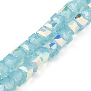 Baking Painted Glass Beads Strands, Imitation Opalite, Faceted, AB Color Plated, Cube, Pale Turquoise, 6.5x6.5x6mm, Hole: 1.2mm, about 95pcs/strand, 22.83~23.03''(58~58.5cm)(DGLA-D001-05E)
