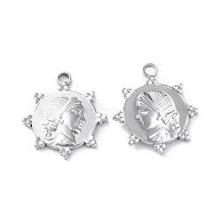 304 Stainless Steel Pendants, Sun with Human Head Charm, Stainless Steel Color, 23x20x2.5mm, Hole: 2mm(STAS-P324-30P)