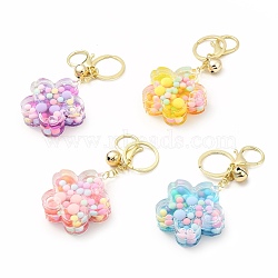 Acrylic Flower Keychain, with Zinc Alloy Lobster Claw Clasps, Iron Key Ring and Brass Bell, Mixed Color, 11.5cm(KEYC-C001-01G)