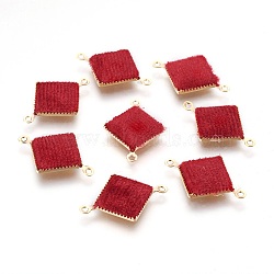 Brass Links connectors, with Velvet, Square, Real 18K Gold Plated, Red, 21x14x2mm, Hole: 1.2mm(KK-P138-14B-01)