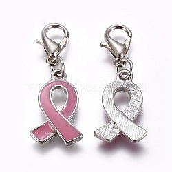 Alloy Enamel Pendants, with Lobster Claw Clasps, October Breast Cancer Pink Awareness Ribbon, Platinum, 32mm(ENAM-WH0047-12A)
