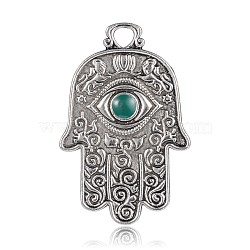 Antique Silver Plated Alloy Enamel Hamsa Hand/Hand of Fatima/Hand of Miriam with Eye Pendants, Teal, 47x31x3mm, Hole: 4.5mm(ENAM-E290-02AS)