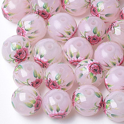 Printed & Spray Painted Imitation Jade Glass Beads, Round with Flower Pattern, Pale Violet Red, 10~10.5x9.5mm, Hole: 1.6mm(GLAA-S047-05B-02)