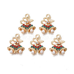 Rack Plating Alloy Pendants, with ABS Plastic Imitation Pearl and Colorful Rhinestone, Cadmium Free & Nickel Free & Lead Free, Christmas Bell, Light Gold, 17.5x14.5x4mm, Hole: 1.8mm(X-PALLOY-N164-025)
