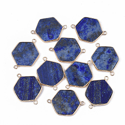 Natural Lapis Lazuli Links connectors, with Golden Tone Brass Open Back Settings, Hexagon, 35x25x3.5mm, Hole: 2mm(G-S359-053C)
