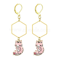 Rack Plating Alloy Cat Dangle Leverback Dangle Earrings, Golden Brass Long Drop Earrings, Pink, 66x19.5mm(EJEW-JE05502-02)