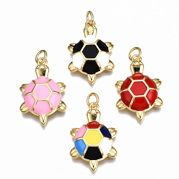 Brass Enamel Pendants, with Jump Rings, Real 16K Gold Plated, Nickel Free, Tortoise, Mixed Color, 23x15x4mm, Jump Ring: 5x0.8mm, 3mm inner diameter