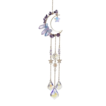 Moon Natural Amethyst & Electroplated Natural Quartz Crystal Pendants Decorations, with Brass Finding and Glass Leaf Charm, for Home Decorations, 265mm