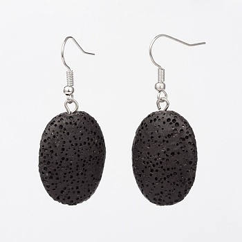 Dyed Oval Synthetic Lava Rock Gemstone Dangle Earrings, with Platinum Plated Brass Ear Hooks, Black, 46mm, Pin: 0.8mm