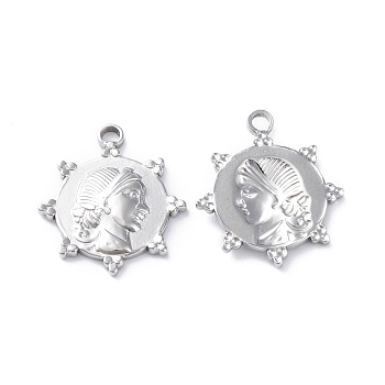 304 Stainless Steel Pendants, Sun with Human Head Charm, Stainless Steel Color, 23x20x2.5mm, Hole: 2mm