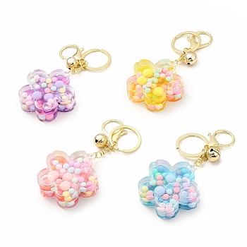 Acrylic Flower Keychain, with Zinc Alloy Lobster Claw Clasps, Iron Key Ring and Brass Bell, Mixed Color, 11.5cm