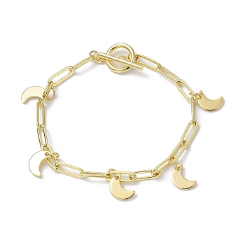 Golden 304 Stainless Steel Charm Bracelets with Brass Paperclip Chains, Moon, 7-1/2~7-5/8 inch(19.2~19.3cm)