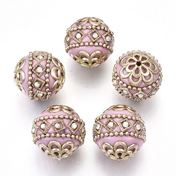 Handmade Indonesia Beads, with Metal Findings, Round, Light Gold, Pink, 19.5x19mm, Hole: 1mm