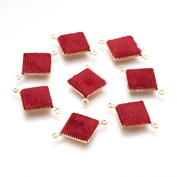 Brass Links connectors, with Velvet, Square, Real 18K Gold Plated, Red, 21x14x2mm, Hole: 1.2mm