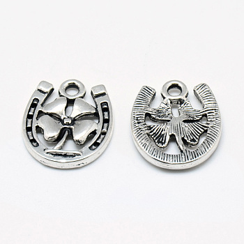 Tibetan Style Alloy Pendants, Horseshoes with Clover, Cadmium Free & Lead Free, Antique Silver, 17.5x15x2.5mm, Hole: 2mm, about 640pcs/1000g