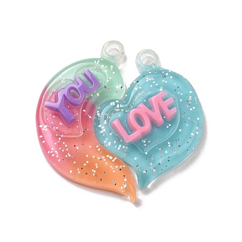 Gradient Color Translucent Resin Pendants, with Glitter Powder, Couple Heart Charm with Word LOVE YOU, Light Green, 39x38.5x5.5mm, Hole: 3.5mm, 2pcs/set