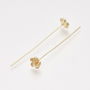 Brass Pins, Real 18K Gold Plated, Nickel Free, Flower, 48~51mm, Pin: 0.7mm