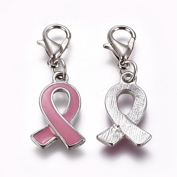 Alloy Enamel Pendants, with Lobster Claw Clasps, October Breast Cancer Pink Awareness Ribbon, Platinum, 32mm