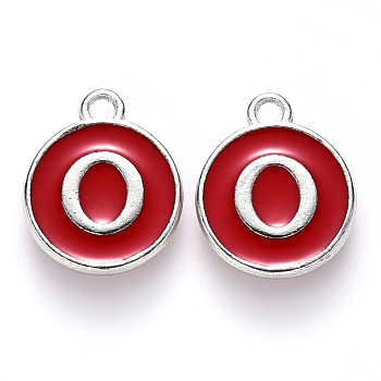 Platinum Plated Alloy Enamel Charms, Cadmium Free & Lead Free, Enamelled Sequins, Flat Round with Letter, Red, Letter.O, 14x12x2mm, Hole: 1.5mm