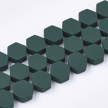 Spray Painted Non-magnetic Synthetic Hematite Beads Strands, Hexagon, Dark Green, 6.5x6x2.5mm, Hole: 1mm, about 66pcs/strand, 15.7 inch