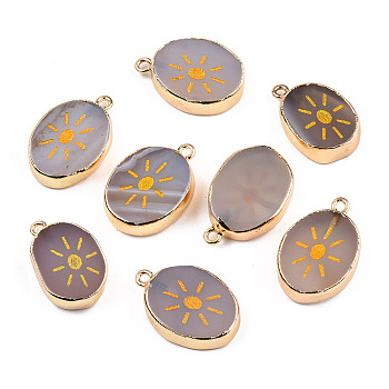 Natural Agate Pendants, with Light Gold Plated Brass Edge & Iorn Loops, Gold Powder, Dyed & Heated, Oval with Sun Charm, Rosy Brown, 23~24x15~16.5x4~6.5mm, Hole: 1.6mm