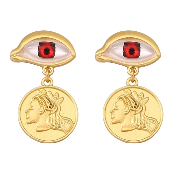 Golden Zinc Alloy Dangle Stud Earrings, Eye with Human, Red, 43x25mm