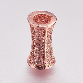Brass Micro Pave Cubic Zirconia Beads, Tube, Rose Gold, 12x6mm, Hole: 3mm