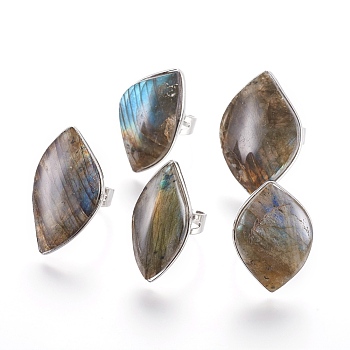 Adjustable Natural Labradorite Rings, with Brass Findings, Leaf, Size 8, 18.5mm