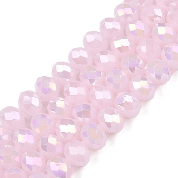 Electroplate Glass Beads Strands, Imitation Jade Beads, AB Color Plated, Faceted, Rondelle, Misty Rose, 8x6mm, Hole: 1mm, about 64~65pcs/strand, 15.75~16.14 inch(40~41cm)