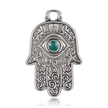 Antique Silver Plated Alloy Enamel Hamsa Hand/Hand of Fatima/Hand of Miriam with Eye Pendants, Teal, 47x31x3mm, Hole: 4.5mm