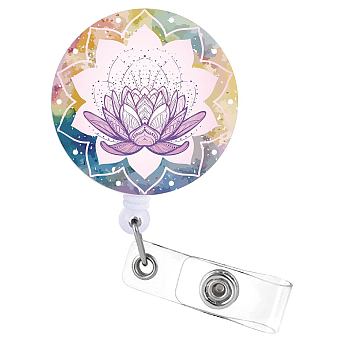 Flat Round ABS Plastic Badge Reel, Retractable Badge Holder, with Alligator Clip, Lotus Pattern, 82x33mm