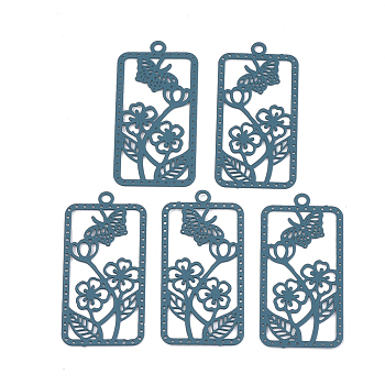 430 Stainless Steel Filigree Pendants, Spray Painted, Etched Metal Embellishments, Rectangle with Flower, Cadet Blue, 27x13x0.4mm, Hole: 1.2mm